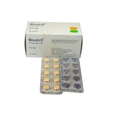 A white box of Rivotril 0.5mg tablets sitting behind a partially visible silver and orange blister pack on a white background.