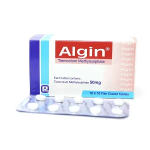 A box and blister pack of Algin 50mg film-coated tablets used for relieving muscle spasms.