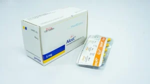 A white 100-tablet box of Alcet 5 mg Levocetirizine angled next to a silver and orange blister strip.