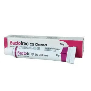 A 10g tube of Bactofree 2% mupirocin ointment by Albion Laboratories positioned in front of its white and magenta product packaging.