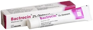 An English-labeled box and 10g tube of Bactrocin 2% Mupirocin USP ointment from Square Pharmaceuticals.