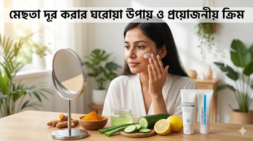 মেছতা বা পিগমেন্টেশন দূর করার জন্য প্রাকৃতিক উপাদান (লেবু, শসা, ঘৃতকুমারী) এবং মেডিকাল ক্রিমের ব্যবহারিক চিত্র।