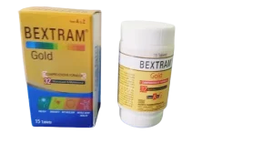 A box and white plastic bottle of Bextram Gold, a comprehensive dietary supplement containing 32 multivitamins and minerals for daily health.