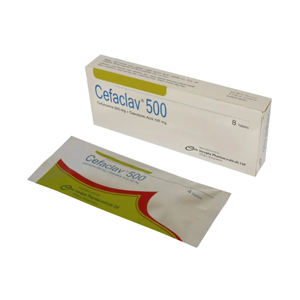 A white and yellow box of Cefaclav 500 tablets next to a blister pack, showing the Incepta Pharmaceuticals logo.