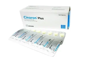 A white box and silver blister pack of Cinaron Plus tablets.