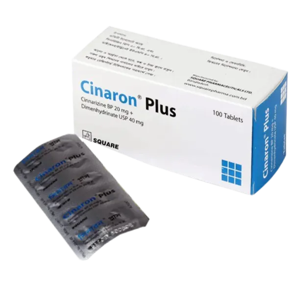 স্কয়ার ফার্মাসিউটিক্যালসের সিনারন প্লাস ট্যাবলেটের একটি বক্স এবং সামনে রাখা একটি ব্লিস্টার প্যাকের ছবি।