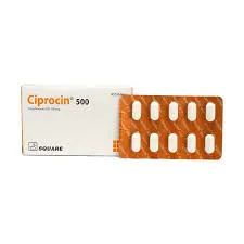 A box of Ciprocin 500 mg tablets next to a copper-colored blister pack containing ten white oblong pills.