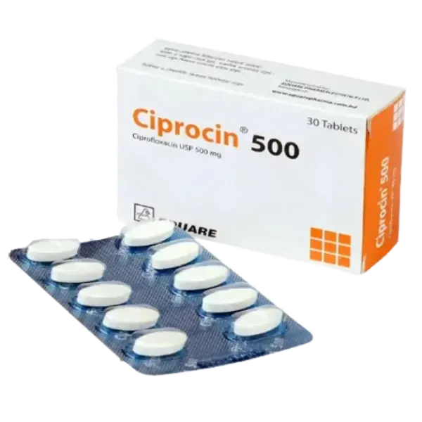 স্কয়ার ফার্মাসিউটিক্যালস লিমিটেডের সিপ্রোসিন ৫০০ মিলিগ্রাম ট্যাবলেটের একটি বক্স এবং স্ট্রিপ।