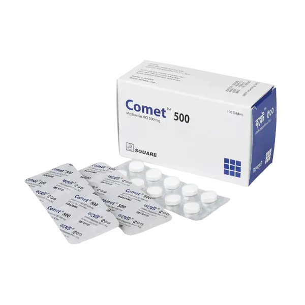 A white box and blister packs of Comet 500 Metformin HCl 500 mg tablets manufactured by Square Pharmaceuticals.