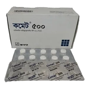 স্কয়ার ফার্মাসিউটিক্যালসের কমেট ৫০০ মিগ্রা ট্যাবলেটের একটি সাদা বক্স এবং সামনে রাখা একটি ব্লিস্টার প্যাকের ছবি।