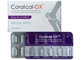 Product packaging and blister strip of Coralcal-DX, a Calcium and Vitamin D3 supplement.