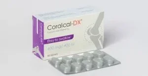 কোরালক্যাল-ডিএক্স ক্যালসিয়াম ৬০০ মিগ্রা (Coralcal-Dx) এবং ভিটামিন ডি৩ ৪০০ আইইউ ট্যাবলেটের বক্স এবং ব্লিস্টার স্ট্রিপ।