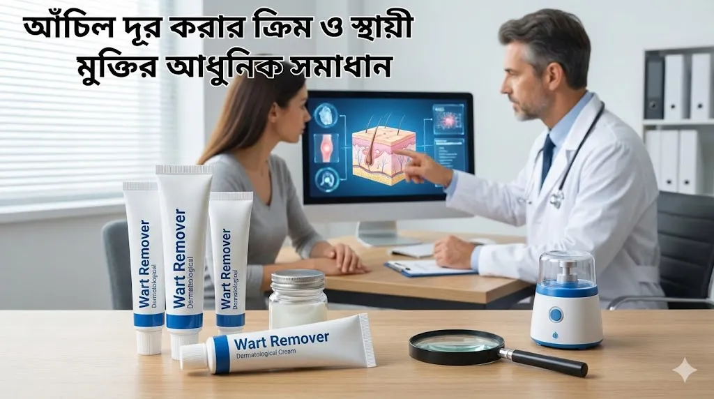 আঁচিল দূর করার ক্রিম ও স্থায়ী মুক্তির আধুনিক সমাধান' শীর্ষক ছবিতে একজন চর্মরোগ বিশেষজ্ঞ ডাক্তারের সাথে রোগীর পরামর্শের দৃশ্য, টেবিলে বিভিন্ন আঁচিল নাশক ক্রিম এবং আধুনিক ক্রায়োথেরাপি যন্ত্র প্রদর্শিত।