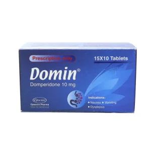 A blue rectangular box of Domin tablets containing Domperidone 10mg by Opsonin Pharma, indicated for nausea and dyspepsia.