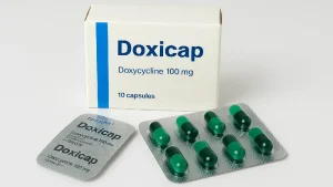A white box of Doxicap Doxycycline 100mg capsules displayed with two blister packs of green and dark green medication.