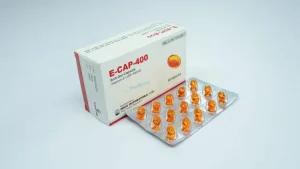 A box and blister pack of E-Cap 400 Vitamin E soft gel capsules.