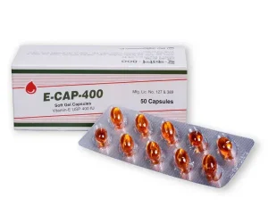 A box and a blister pack of E-Cap 400 Vitamin E soft gel capsules.