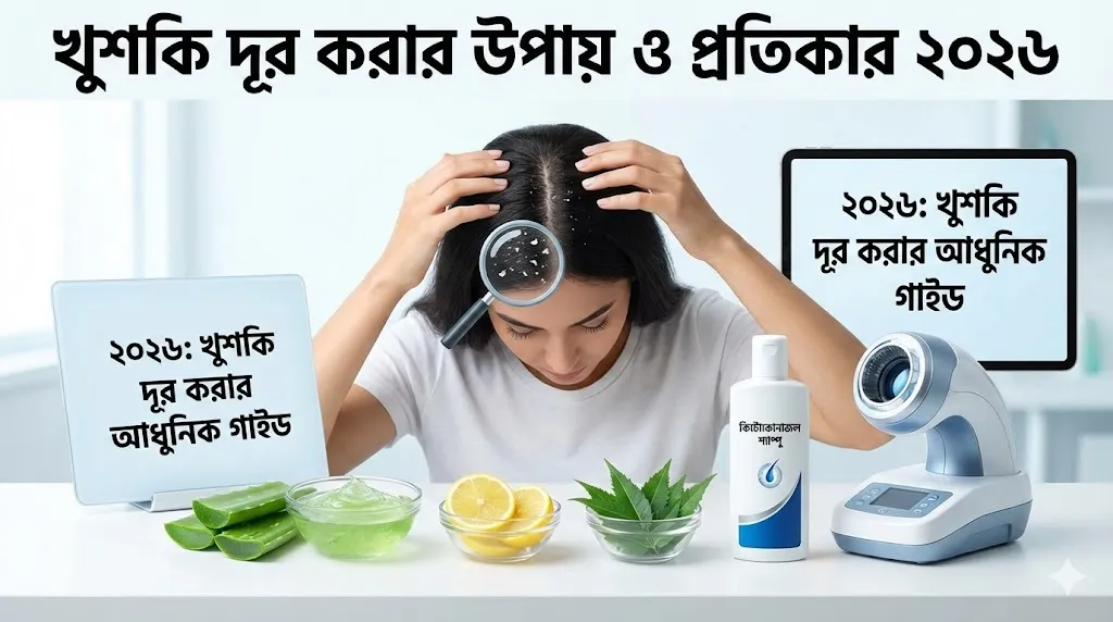 ২০২৬ সালের খুশকি দূর করার আধুনিক নির্দেশিকা: একজন নারী আতশ কাঁচ দিয়ে মাথার ত্বক পরীক্ষা করছেন। টেবিলে প্রাকৃতিক উপাদান (অ্যালোভেরা, লেবু, নিম), কিটোকোনাজল শ্যাম্পু এবং আধুনিক স্ক্যাল্প অ্যানালাইজার যন্ত্রের চিত্র।