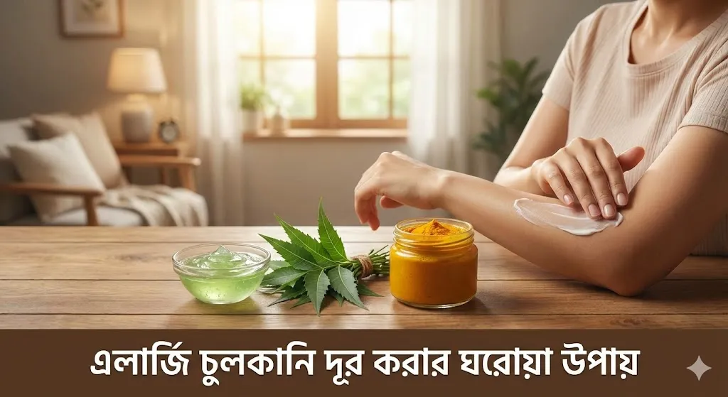 এলার্জি ও চুলকানি উপশমে ব্যবহৃত প্রাকৃতিক উপাদান যেমন নিম পাতা, হলুদ এবং অ্যালোভেরা জেলের একটি সচিত্র দৃশ্য।