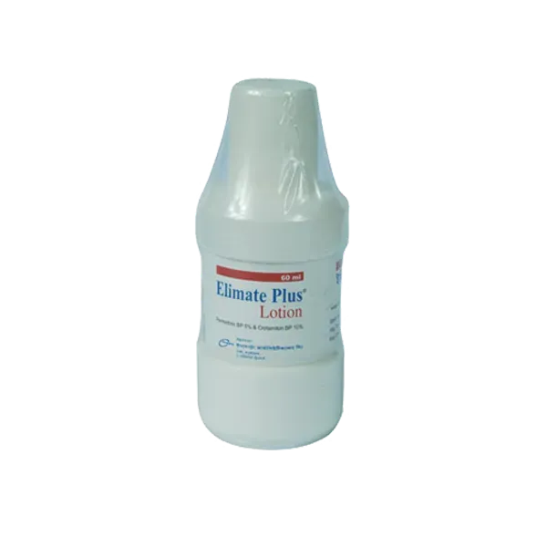 A 60ml white bottle of Elimate Plus Lotion, featuring a label with Permethrin and Crotamiton ingredients for skin treatment.