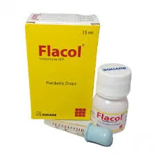 A yellow box and white bottle of Flacol Paediatric Drops (Simethicone USP) with a medicinal dropper