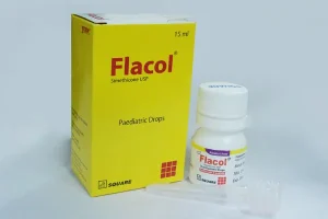 A yellow box and bottle of Flacol Paediatric Drops (Simethicone) with a plastic dropper.
