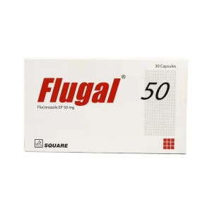 Front view of a white rectangular box for Flugal 50, featuring red and black text, containing 30 capsules of Fluconazole EP 50 mg by Square Pharmaceuticals.