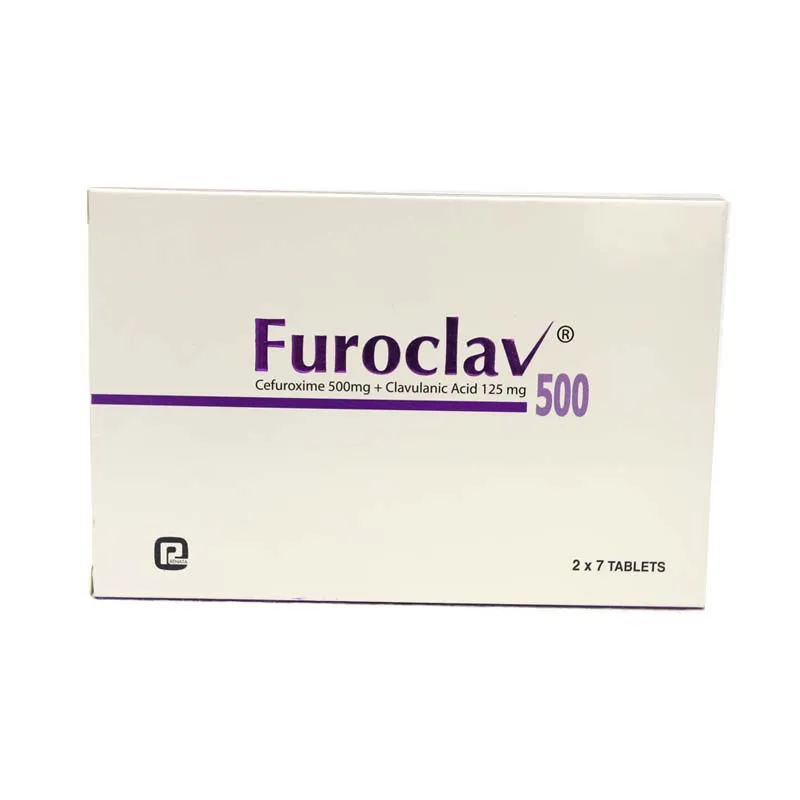 Front view of a white box of Furoclav 500 medication, showing the active ingredients Cefuroxime 500mg and Clavulanic Acid 125mg.