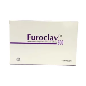 একটি সাদা ওষুধের প্যাকেটের ছবি যার উপরে বেগুনি অক্ষরে 'Furoclav 500' লেখা। এতে ৫০০ মিলিগ্রাম সেফুরোক্সিম এবং ১২৫ মিলিগ্রাম ক্লাভুল্যানিক অ্যাসিডের ১৪টি ট্যাবলেট রয়েছে।