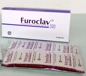 A box and two strips of Furoclav 500 tablets containing Cefuroxime and Clavulanic Acid.