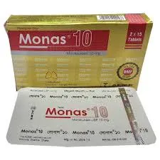 A gold and red box of Monas 10 tablets alongside a silver blister strip containing Montelukast 10mg.