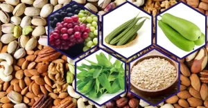 ষড়ভুজাকার ফ্রেমে সাজানো বিভিন্ন ধরণের বাদাম, আঙুর, শাক-সবজি এবং ওটসের একটি কোলাজ চিত্র।