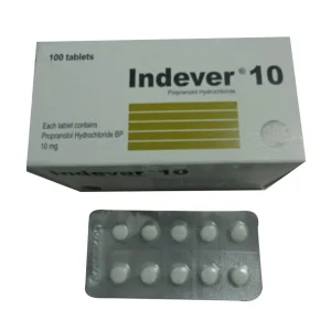 A white box of Indever 10 tablets containing 100 units shown next to a silver blister pack of ten white pills.