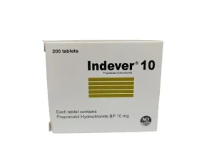 Front view of a white Indever 10 box by ACI containing 200 tablets of 10mg Propranolol Hydrochloride.