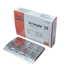 A white and orange box of Intimate 10 (Tadalafil 10mg) tablets shown next to a silver foil blister pack on a white background.