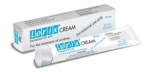 : A box and tube of Lorix Cream containing Permethrin 5% w/w for the treatment of scabies.