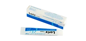 A 15gm box and tube of Lorix Cream, containing Permethrin 5% w/w, used for the treatment of scabies.