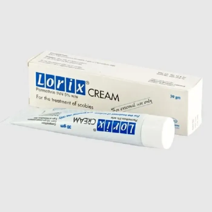 A 30g tube and cardboard box of Lorix Cream, containing 5% Permethrin, used for the treatment of scabies.