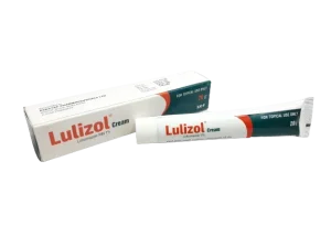 A white box and tube of Lulizol cream, containing Luliconazole 1% for topical antifungal use.