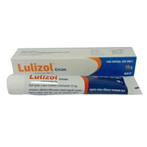 লুলিজল ক্রিম ১০ গ্রাম (Lulizol Cream 10 gm) টিউব এবং এর বাইরের প্যাকেজিংয়ের ছবি, যা একটি ১% লুলিকোনাজল যুক্ত অ্যান্টিফাঙ্গাল বা ছত্রাকনাশক ঔষধ।