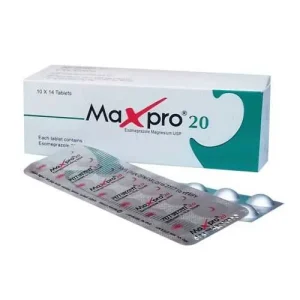 A white and green box of Maxpro 20 Esomeprazole tablets by Renata Limited shown with a silver blister strip.