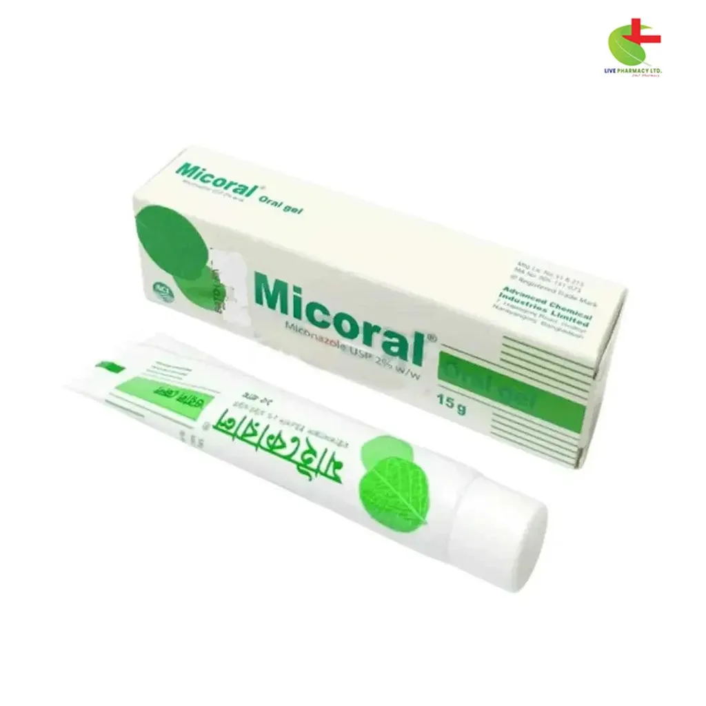 A white and green box and tube of Micoral Oral Gel containing 15g of Miconazole 2% w/w, used for treating oral fungal infections like thrush, manufactured by ACI Limited.