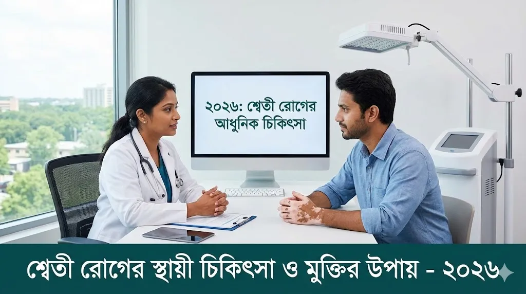 একজন চর্মরোগ বিশেষজ্ঞ চিকিৎসক ২০২৬ সালের আধুনিক পদ্ধতিতে শ্বেতী রোগের চিকিৎসা নিয়ে রোগীর সাথে পরামর্শ করছেন।