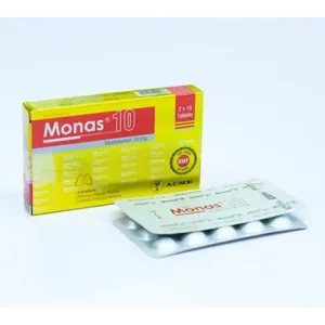 Monas 10 mg: Uses, Dosage, Side Effects – Update Price 2026 2 An angled view of a Monas 10 box standing next to a silver 15-tablet blister strip.