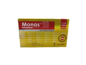 Monas 10 mg: Uses, Dosage, Side Effects – Update Price 2026 1 Front view of a gold and red Monas 10 box containing Montelukast 10mg tablets by ACME.