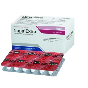 A white box labeled Napa Extra containing 132 tablets, placed behind a red-topped blister pack showing individual white medication pills.