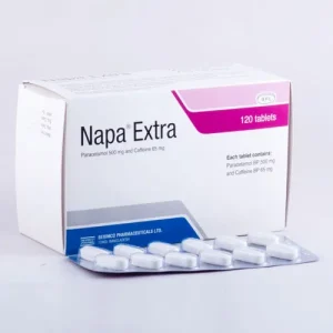 A white box of Napa Extra medication with pink and blue branding, displayed next to a silver blister pack of white tablets.