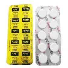 Front and back view of a yellow Napa Paracetamol 500 mg blister strip containing ten white tablets.