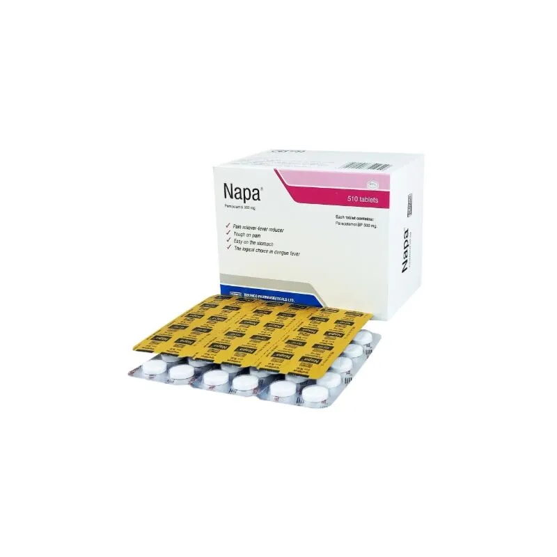 A 510-tablet box of Napa Paracetamol 500 mg with several yellow blister packs displayed in the foreground.