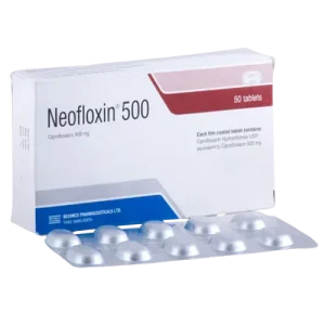 বেক্সিমকো ফার্মাসিউটিক্যালসের নেওফ্লক্সিন ৫০০ মিগ্রা সিপ্রোফ্লক্সাসিন ট্যাবলেটের একটি বক্স এবং সামনে রাখা একটি ব্লিস্টার প্যাকের ছবি।